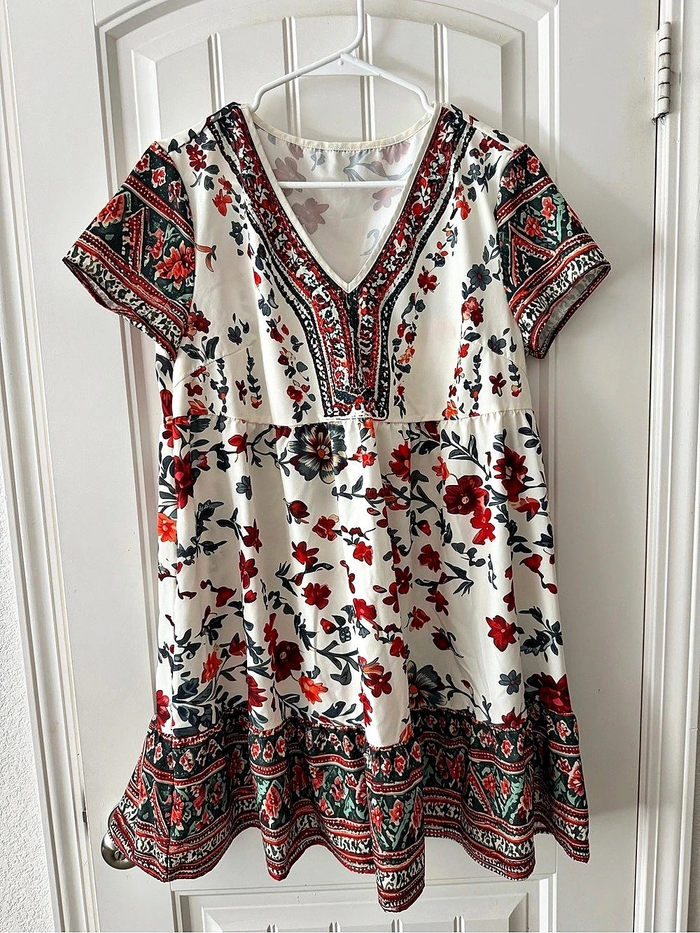 Floral Mini Dress in White & Red Like New